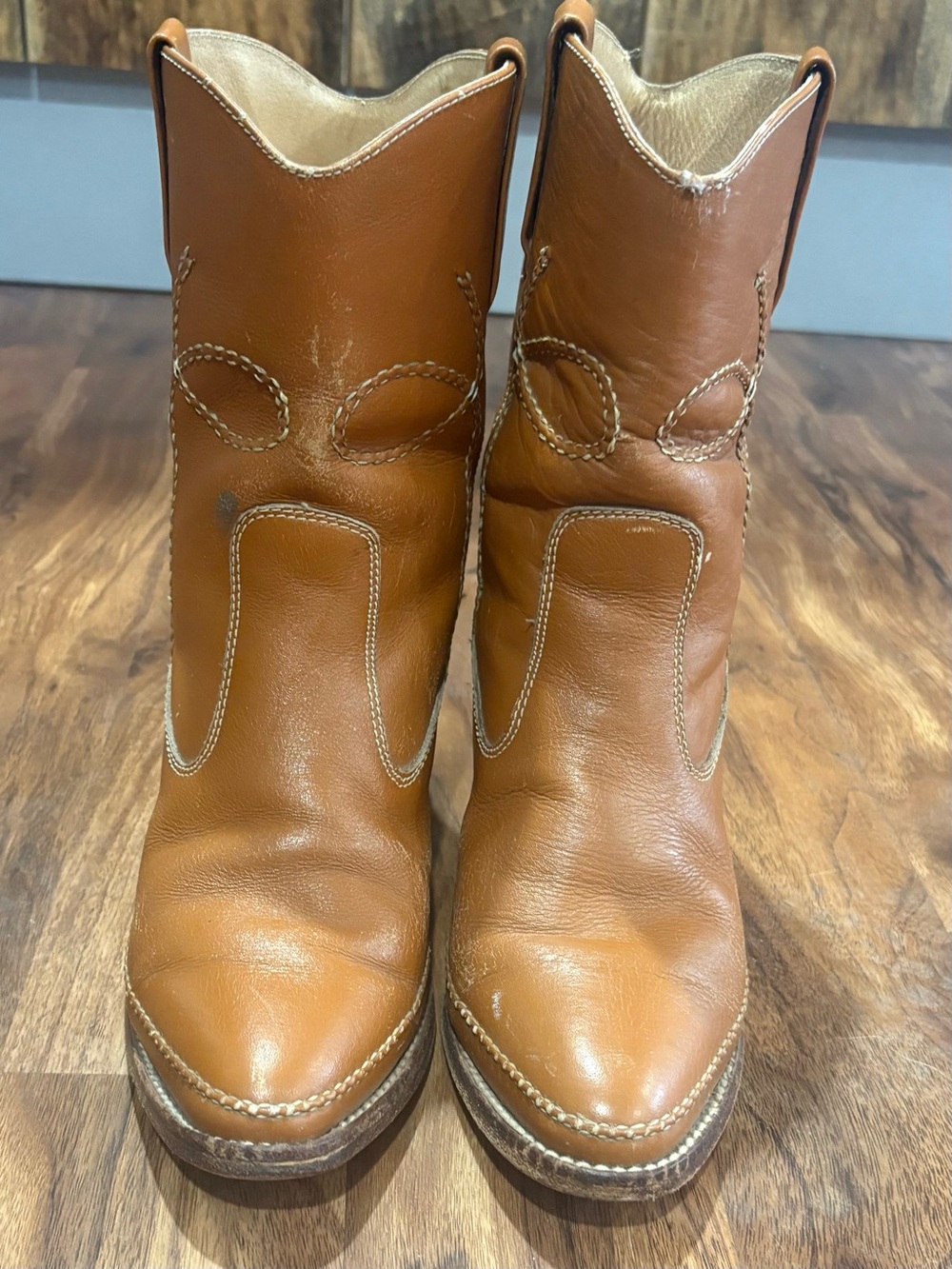 VTG 70s Famolare Austin Tan Leather Cowboy Boots Size 7.5 M Boho Retro Western